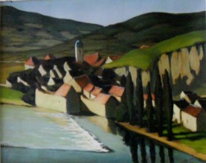 Painting by the artist Charles Sahuguet: The Doubs River - 1945